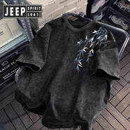 JEEP SPIRIT吉普大碼300斤洗做舊短袖男夏季重磅寬松恤上衣休閑百搭半袖體恤 【4673-竹子】水洗黑 M