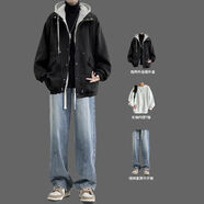摘星少年男生三件套裝秋冬寬松毛呢連帽假兩件夾克高街外套搭配牛仔褲 H438黑+白長(cháng)袖+08牛仔褲藍 2XL