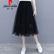 皮爾卡丹（pierre cardin）時尚氣質(zhì)網(wǎng)紗半身裙女春秋新款高腰顯瘦遮肚百褶A字裙垂感長紗裙 黑色裙子(單件) M 90-105斤