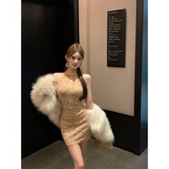 以歐（YIOU）晚會(huì )年后生鏤空蕾絲無(wú)袖連衣裙修身短款秋冬2412 深卡其布色 M