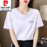 皮爾卡丹（pierre cardin）白色v領(lǐng)t短袖恤女23新款寬松版半袖純棉雞心領(lǐng)上衣女 V領(lǐng)-白色【小字母】 2XL 碼【建議129-145斤】