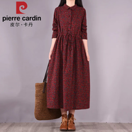 皮爾卡丹專(zhuān)柜大牌女小清新碎花亞麻長(cháng)裙長(cháng)袖加絨加厚棉麻連衣裙 暗紅色_（仿舊款介意勿拍）/春秋款 XL 建議125-140斤
