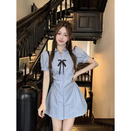 FSHE學(xué)院風(fēng)套裝小個(gè)子收腰顯瘦裙子條紋襯衫連衣裙女裝秋季短褲兩件套 藍(lán)色連衣裙+短褲 M