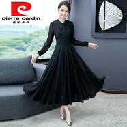 皮爾卡丹（pierre cardin） 純色2022新款春季長袖雪紡大擺舞蹈連衣裙女長款大紅色跳舞長 黑色 M