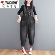 啄木鳥(niǎo)品牌女士褲子 洋氣牛仔背帶褲女早秋2025新款大尺碼胖的mm吊帶高 黑色 M【建議90-110斤】