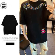 文頗100%純棉潮牌設計感個(gè)性藏青色卡通印花男女學(xué)生寬松透氣短袖上衣 260克-黑 3XL 建議160-185斤