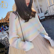 蔓草寇寬松毛衣女套頭慵懶彩虹溫柔毛衣小仙女寬松套頭網(wǎng)紅絨慵懶打底針 淺黃色