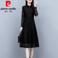 皮爾卡丹（pierre cardin）蕾絲連衣裙子女士春秋冬季2025年新款加絨加厚打底長(zhǎng)袖氣質(zhì)中長(zhǎng)裙 黑色 (不加絨)《別致漂亮女神范 (120-135斤) 2XL