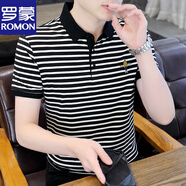 羅蒙（ROMON）刺繡薄款短袖t恤男士半袖體恤條紋翻領(lǐng)polo 衫條紋休閑夏裝上衣 黑色 M