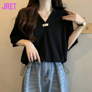 Jret2025夏季新款胖mm大碼寬松正肩短袖t恤女遮肚子顯瘦V領(lǐng)半袖上衣女 黑色 XL (建議120-140斤)