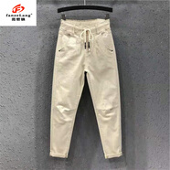 范哲狼（FANZELANG）白色牛仔褲子女夏季薄款韓版寬松顯瘦松緊腰高腰褲休閑哈倫九分褲 杏色 XL 120-135斤