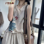 子牧棉麻2025春夏裝 女復(fù)古印花內(nèi)搭背心寬松顯瘦休閑上衣8756 杏色 L (建議110-125斤)
