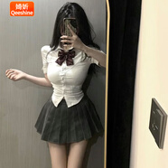婍妡三件套夏季JK制服套裝純欲風(fēng)收腰修身短袖襯衫上衣百褶裙領(lǐng)結(jié) V胸收腰短袖+灰百褶裙+沙華領(lǐng)結(jié) M