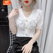 婍妡2025夏季新款短袖T恤女上衣時尚蕾絲荷葉邊襯衣氣質(zhì)雪紡小衫 白色V短袖 有內(nèi)襯；收藏關(guān)注優(yōu)先 XL 111-125斤