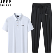JEEP SPIRIT吉普短袖套裝男T恤短褲子兩件套夏季透氣薄款半截袖長(zhǎng)褲跑步運(yùn)動(dòng) 緊扣款-白色 L