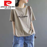 皮爾卡丹（pierre cardin）品牌高檔女裝 純棉短袖T恤女2024年新款夏季寬松體恤韓版休閑打底 卡其色 02款 XL 120-135斤