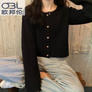 歐邦倫外套女春秋韓版2025新款寬松短款開(kāi)衫糖果色減齡純色長(cháng)袖針織衫女 黑色 S