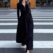妙奕嘉連衣裙女春季女裝裙子針織新款高級(jí)感長(zhǎng)裙打底配大衣法式收腰顯瘦 黑色拉鏈長(zhǎng)袖A字赫本風(fēng)連衣裙 L 【建議100-110斤】