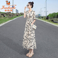金狐貍2025夏裝新款女士韓版氣質(zhì)撞色長(zhǎng)裙V領(lǐng)碎花系帶收腰連衣裙 杏底黑花 M