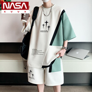 NASA XVVX短袖短褲套裝男夏季冰絲涼感t恤男一套搭配帥氣青少年休閑運動服T TZ1106白綠套裝 2XL