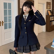 斐莉玥2025夏季新款學(xué)院風(fēng)收腰顯瘦西裝套裝女小個(gè)子jk制服外套+a字裙 藏藍色外套 S [建議-斤]