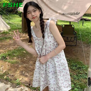 FSHE高級感扎染小花吊帶連衣裙2025夏季新款甜美寬松A字沙灘短裙女 圖片色 均碼 80-130斤