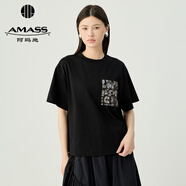 阿瑪施（AMASS）女裝休閑造型質(zhì)感胸前口袋亮片釘珠設(shè)計(jì)圓領(lǐng)短袖T恤女530088 黑 S (2碼)