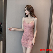 美安嘉流行女裝新款夜晚場(chǎng)性感蹦迪低胸吊帶短裙子緊身收腰包臀連衣裙 粉紅色 S 160