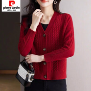 皮爾卡丹（pierre cardin）小香風(fēng)風(fēng)格小香風(fēng)針織V領(lǐng)開(kāi)衫女裝外搭洋氣純色外套秋冬季新 紅色 S 85斤-95斤