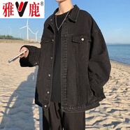 雅鹿牛仔外套男春季男裝港風(fēng)潮流寬松夾克上衣春秋款外衣痞帥工裝衣服 黑色 M [建議體重90-110斤]