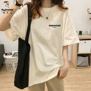 啄木鳥(niǎo)紅色寬松長(cháng)款正肩字母短袖T恤女2025春夏新款歐貨大版上衣ins 杏色【FINEMOUS-黑】 S 80-100斤