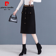 皮爾卡丹（pierre cardin）半身裙女送腰帶加厚毛呢秋冬季高腰包臀裙中長(cháng)版顯瘦開(kāi)叉一步裙子 黑色 腰帶 4XL 建議141-150斤