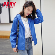 愛(ài)麥依2026春秋外套女短款長(cháng)袖休閑寬松薄款連帽夾克上衣新款百搭 寶藍色-雙層有內里 L 建議100-120斤