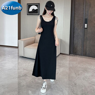 A 21 FUNB黑色冰絲法式連衣裙感吊帶背心裙修身洋氣新款女夏季寬松長裙 黑色 2XL 125-140斤