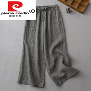 皮爾卡丹（pierre cardin）女格子褲休閑闊腿褲亞麻顯瘦直筒九分褲 黑色(現(xiàn)量少貨) M建議90-110斤