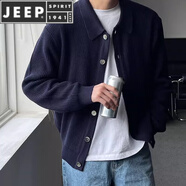 JEEP SPIRIT早春墨綠色翻領(lǐng)針織衫開衫外套男毛衣韓版男裝潮流休閑韓國 藍(lán)色 L