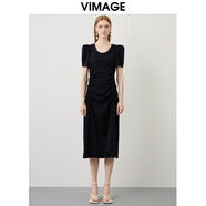 緯漫紀（VIMAGE）u領(lǐng)墊肩泡泡袖抽褶顯瘦黑色連衣裙夏季新款VB2207908 黑色20 S (1)