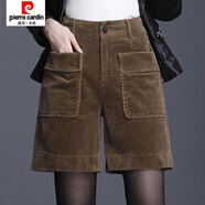 皮爾卡丹（pierre cardin）新款條絨闊腿直筒短褲子女秋冬季寬松高腰燈芯絨五分褲女外穿 棕色 XL 115-125斤