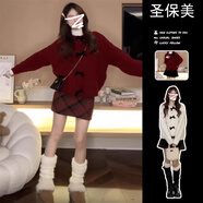 圣保美過新年戰(zhàn)袍紅色毛衣連衣裙女秋冬季2024新款韓系高級(jí)感短裙子套裝 單件【紅色毛衣】 S 碼