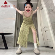 夏雨瑤法式荷葉邊綠色格紋吊帶連衣裙子女2025夏季新款海邊度假開叉長裙 黃綠色 M 【建議90-110斤】
