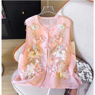 呦魅民族風(fēng)馬甲女春秋2022年新款寬松短款刺繡時尚中式馬夾背心女外 粉紅色 XL