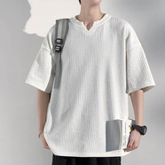 尊首（ZUNSHOU）大碼男士雞心V領(lǐng)短袖寬松麥穗紋百搭休閑200斤胖子顯瘦肌理感T恤 白色 L