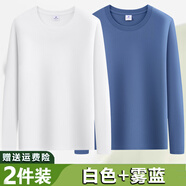 賓宇兄弟（BINYUXD）2件】100%純棉長(zhǎng)袖t恤男士新款大碼秋衣寬松休閑上衣內(nèi)搭打底衫潮 2件純棉：白色+霧藍(lán) S