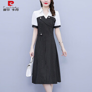 皮爾卡丹（pierre cardin）夏裝女胖mm新款收腰條紋連衣裙大碼中長款短袖ol通勤女裝襯衫裙子 圖片色 2XL