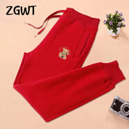 ZGWT輕奢高端品牌束腳休閑運動褲女寬松春秋冬加絨百搭哈倫褲衛(wèi)褲褲子 大紅色-坐小熊 2XL 【春秋款】135-145斤