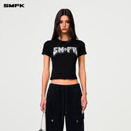 SMFK金屬搖滾修身Tee短袖t恤歐美字母印花短款上衣女DT010B2/W2/LG2 荒野黑 M