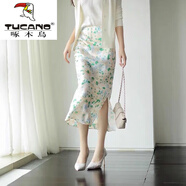 啄木鳥(niǎo)（TUCANO）緞面絲滑半身裙女2025春夏新款小清新印花醋酸緞面開(kāi)叉魚(yú)尾半身裙 清新花色 S 建議80-94斤