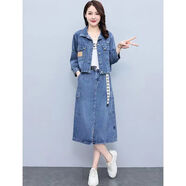 BMOI歐洲站牛仔套裝裙女春季新款時(shí)尚休閑顯瘦短外套減齡半身裙兩件套 牛仔藍(lán)套裝（+腰帶） M 85-105斤