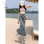芭鳶復(fù)古牛仔半身裙女2025年春夏季新款高腰顯瘦毛邊超短裙款魚尾裙子 復(fù)古藍(lán) S