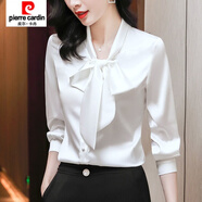 皮爾卡丹（pierre cardin）白色富婆襯衫女蝴蝶結長袖春秋裝新款系帶洋氣襯衣雪紡打底衫上衣 C2073白色 S 80-95斤
